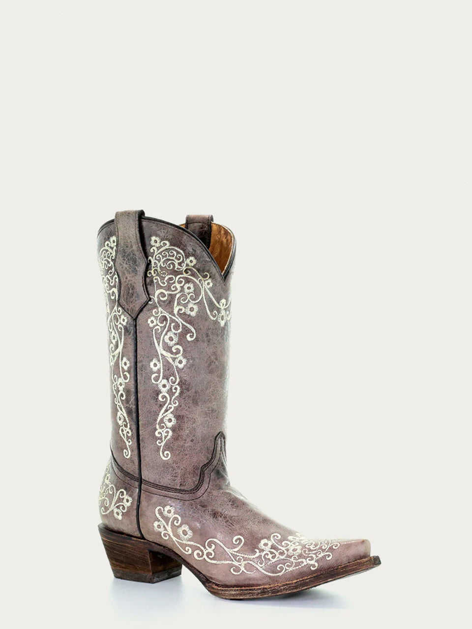 A2773 TEEN'S BONE COLOR FLORAL EMBROIDERY SNIP TOE COWBOY BOOT