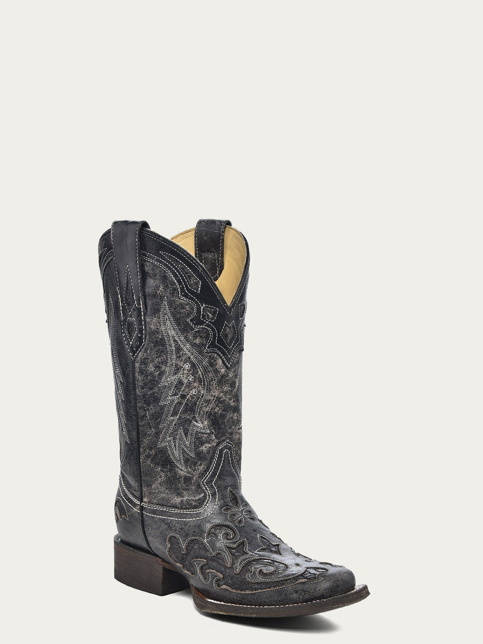 A2402 WOMEN'S BLACK EMBROIDERY SNAKE INLAY SQUARE TOE COWBOY