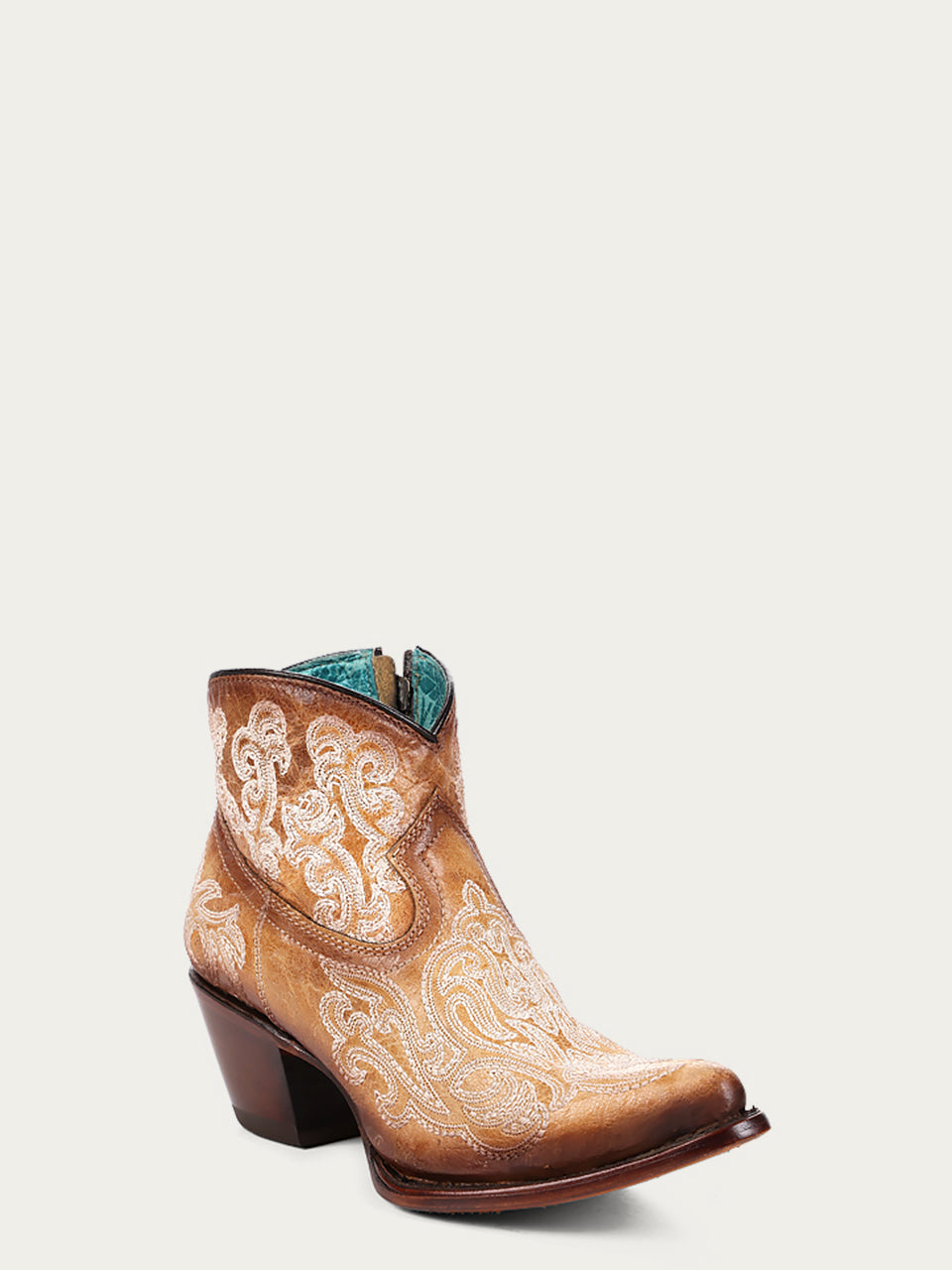 A4581 WOMEN'S LUMINESCENT EMBROIDERY STRAW BLUE J-TOE ANKLE BOOT