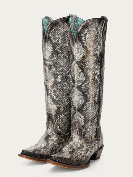 A5020 - WOMEN'S WHITE PYTHON STAMPED FLORAL TALL TOP SNIP TOE