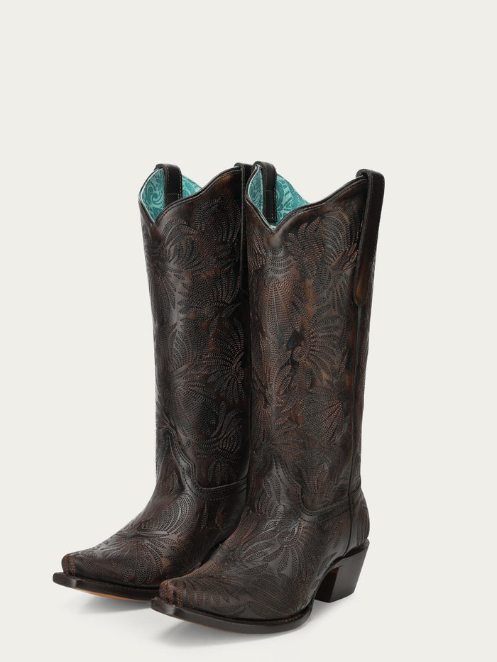A5084 - WOMEN'S BLACK HONEY FLORAL PETAL EMBROIDERY SNIP TOE COWBOY BOOT