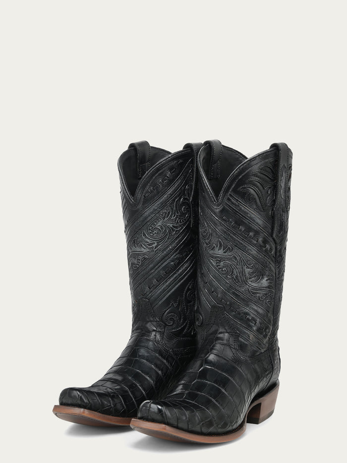 MENS_BLACK_ALLIGATOR_AND_COWHIDE_TOOLED_AND_HANDWOVEN_NARROW_SQUARE_TOE_COWBOY_BOOT-1-A5200