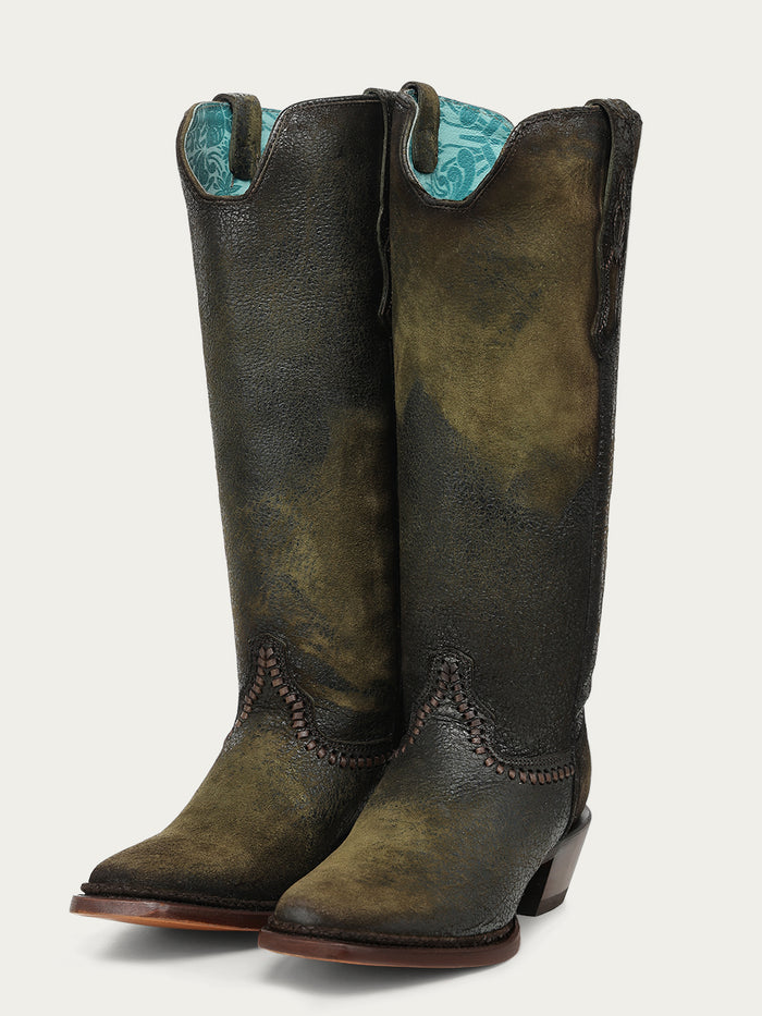 WOMENS_GREEN_LAMB_WOVEN_ABSTRACT_TALL_TOP_NARROW_SQUARE_TOE_COWBOY_BOOT-1-A5222