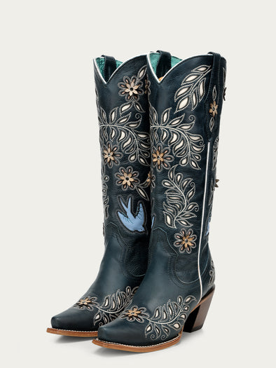 Z5431 - WOMEN'S NAVY BLUE LASER, FLOWERS AND BIRDS INLAY AND
