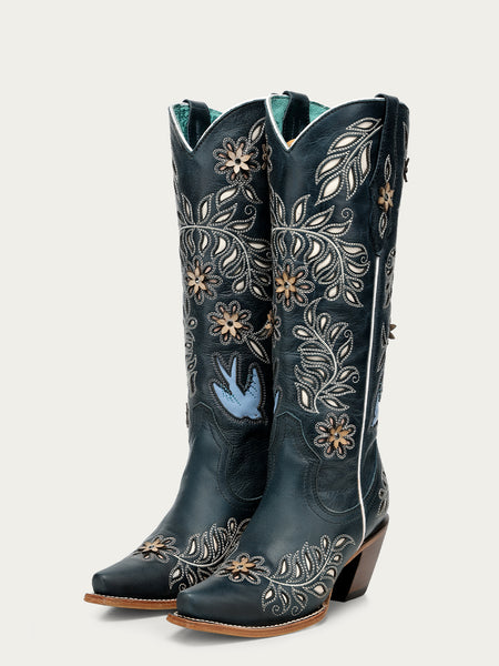 Z5431 - WOMEN'S NAVY BLUE LASER, FLOWERS AND BIRDS INLAY AND