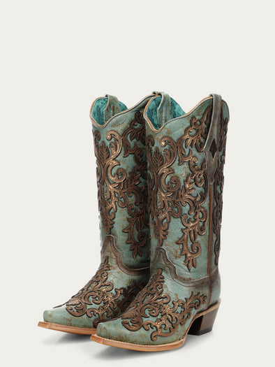 Z5515 - WOMEN'S GOLD OVERLAY AND EMBROIDERY TURQUOISE SNIP TOE