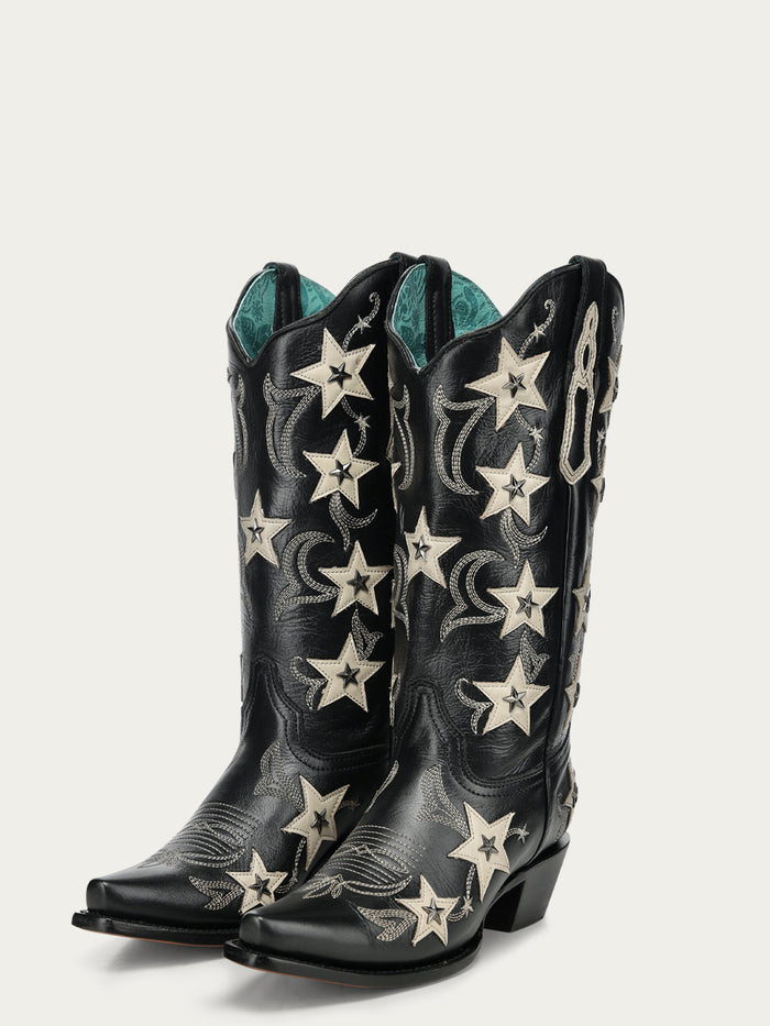 WOMENS_BLACK_EMBROIDERY_STARS_OVERLAY_AND_STUDS_SNIP_TOE_COWBOY_BOOT-1-Z5532