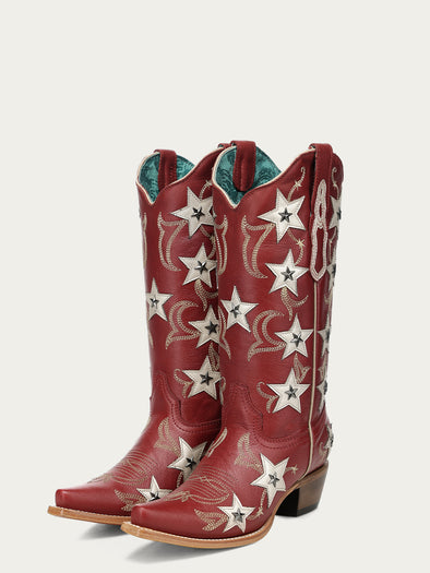 Z5540 - WOMEN'S RED EMBROIDERY STARS OVERLAY AND STUDS SNIP TOE
