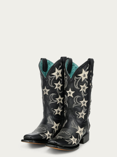 Z5560 - WOMEN'S BLACK EMBROIDERY STARS OVERLAY AND STUDS SQUARE