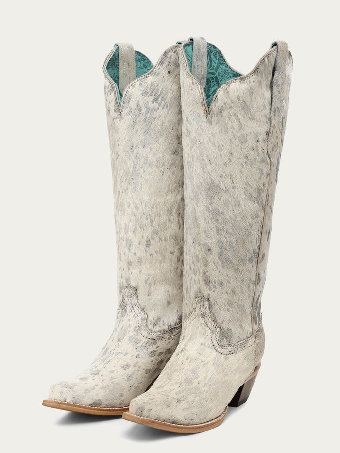 WOMENS_BONE_HAIR_LEATHER_WITH_SILVER_PAINT_SPLATER_TALL_TOP_SNIP_TOE_COWBOY_BOOT-1-Z5595