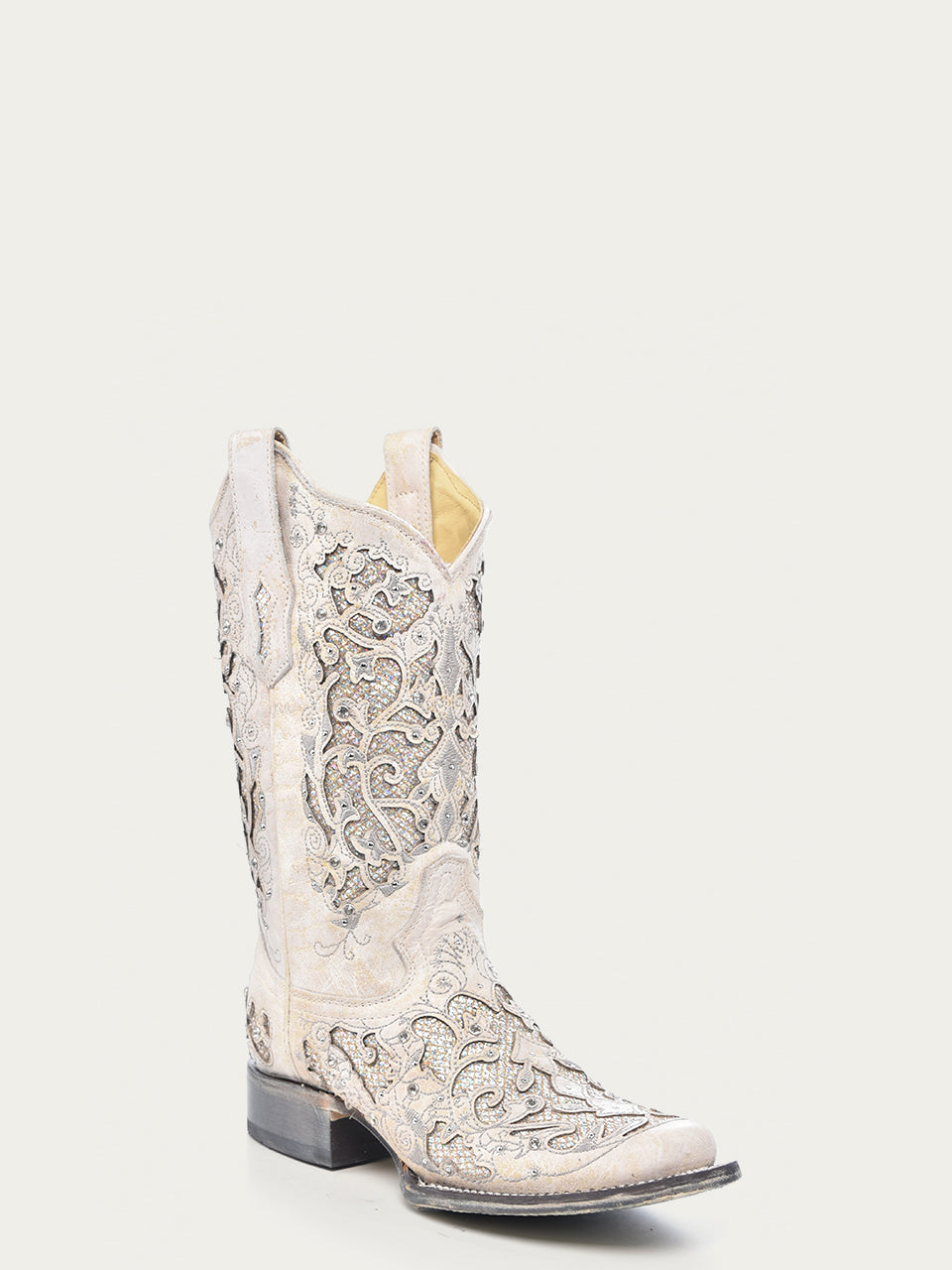 A3397 - WOMEN'S WHITE GLITTERED INLAY AND CRYSTALS SQUARE TOE WEDDING COWBOY BOOT