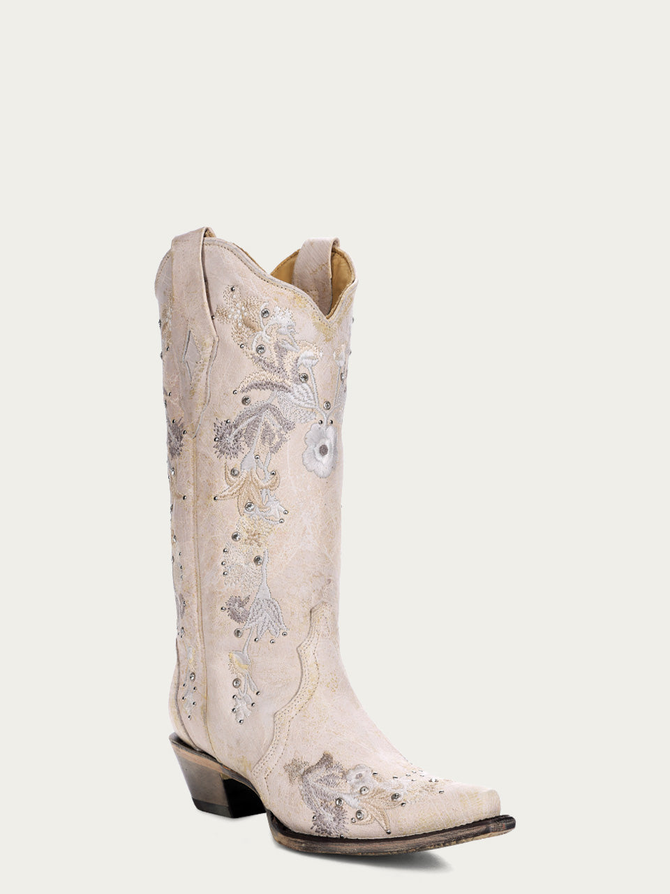 A3521 - WOMEN'S WHITE FLORAL EMBROIDERY AND CRYSTALS COWBOY BOOT