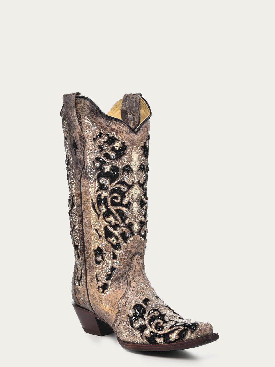 A3569 - WOMEN'S BLACK GLITTER INLAY FLORAL OVERLAY WITH CRYSTALS AND STUDS SNIP TOE BROWN COWBOY BOOT