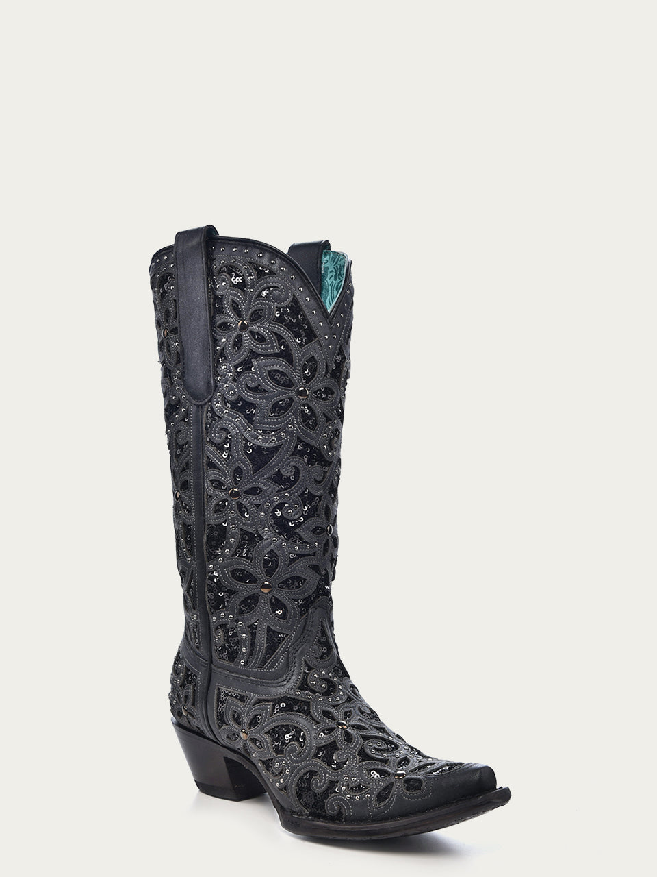 A3752 - WOMEN'S BLACK GLITTER INLAY FLORAL OVERLAY WITH CRYSTALS AND STUDS SNIP TOE BLACK COWBOY BOOT