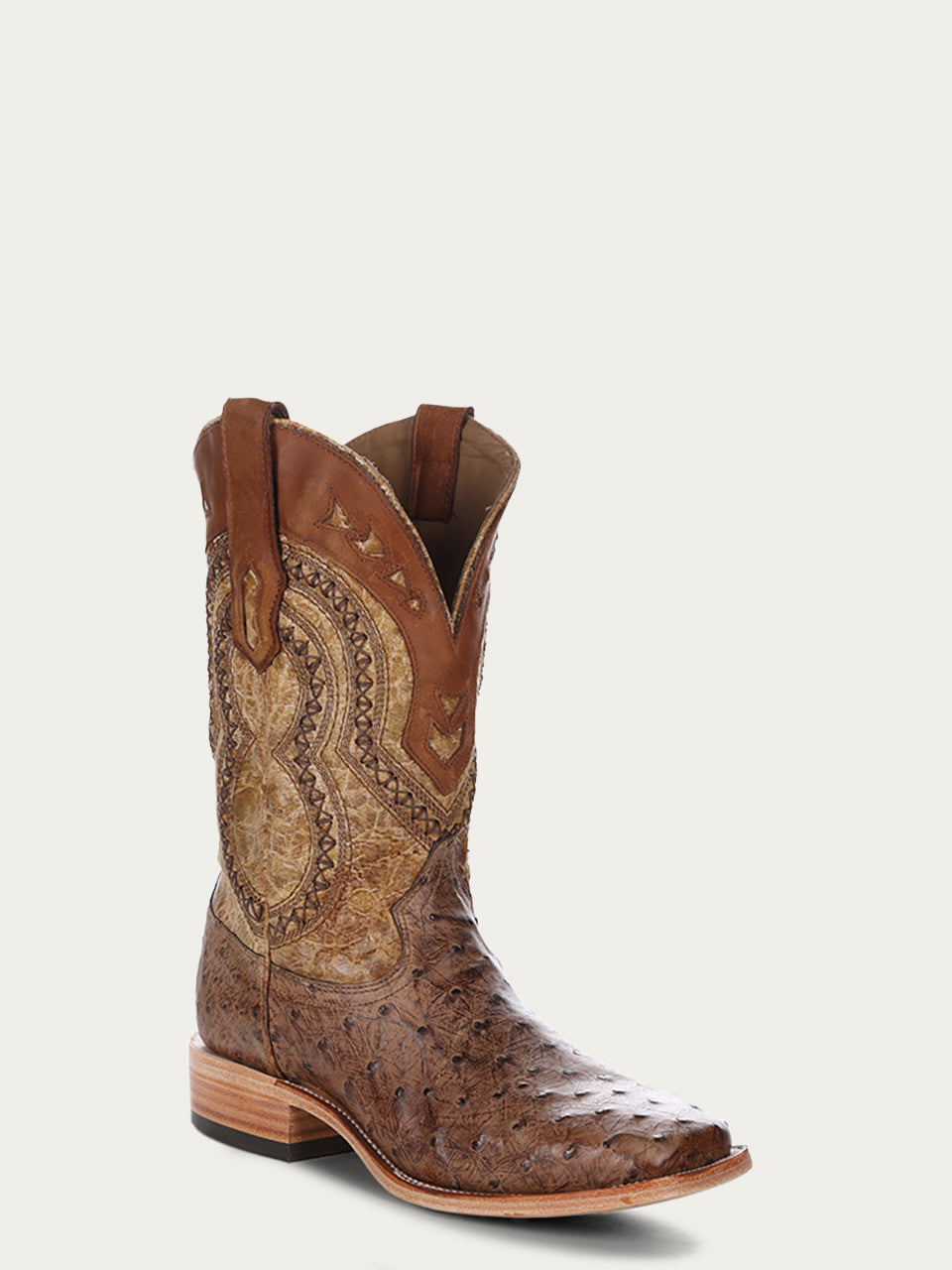A4008 - MEN'S  BROWN EMBROIDERY WITH WOVEN DETAIL AND OVERLAY  FULL QUILL OSTRICH SQUARE TOE  COWBOY BOOT