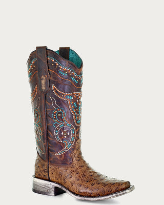 WOMENS_MULTICOLOR_LONGHORN_EMBROIDERY_AND_STUDS_HONEY_OSTRICH_SQUARE_TOE_COWBOY_BOOT-A4045