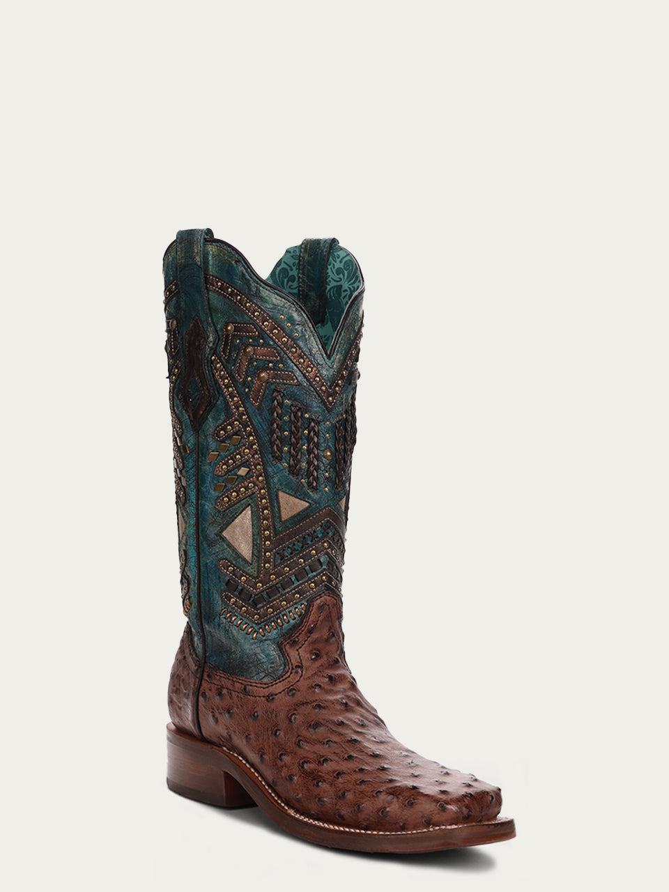 A4059 - WOMEN'S TURQUOISE EMBROIDERY, STUDED WITH WOVEN DETAIL BROWN OSTRICH SQUARE TOE RODEO BOOT