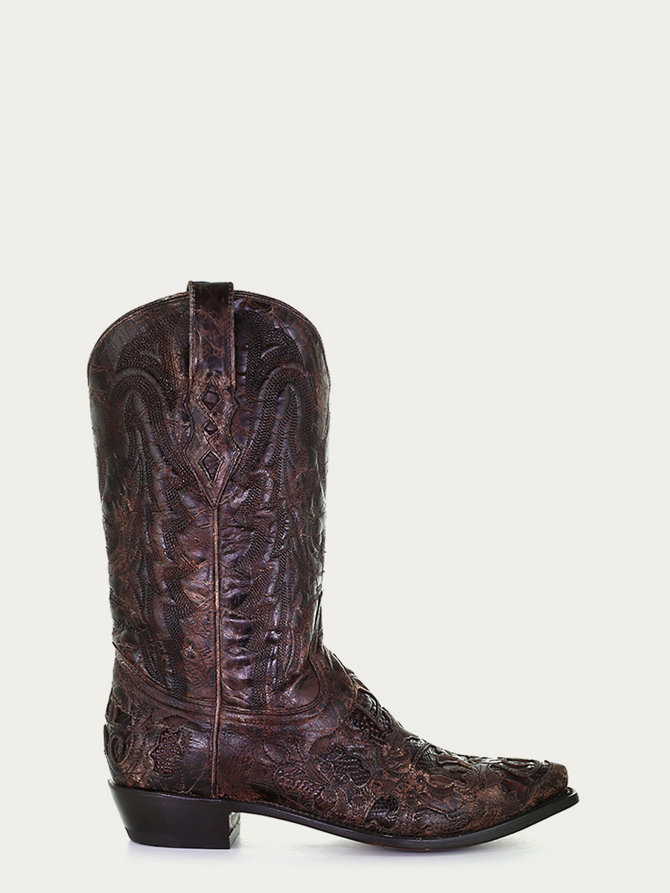 A4115 - MEN'S BROWN ALLIGATOR INLAY AND EMBROIDERY SNIP TOE LEATHER SOLE WITH RUBBER INSERT COWBOY BOOT