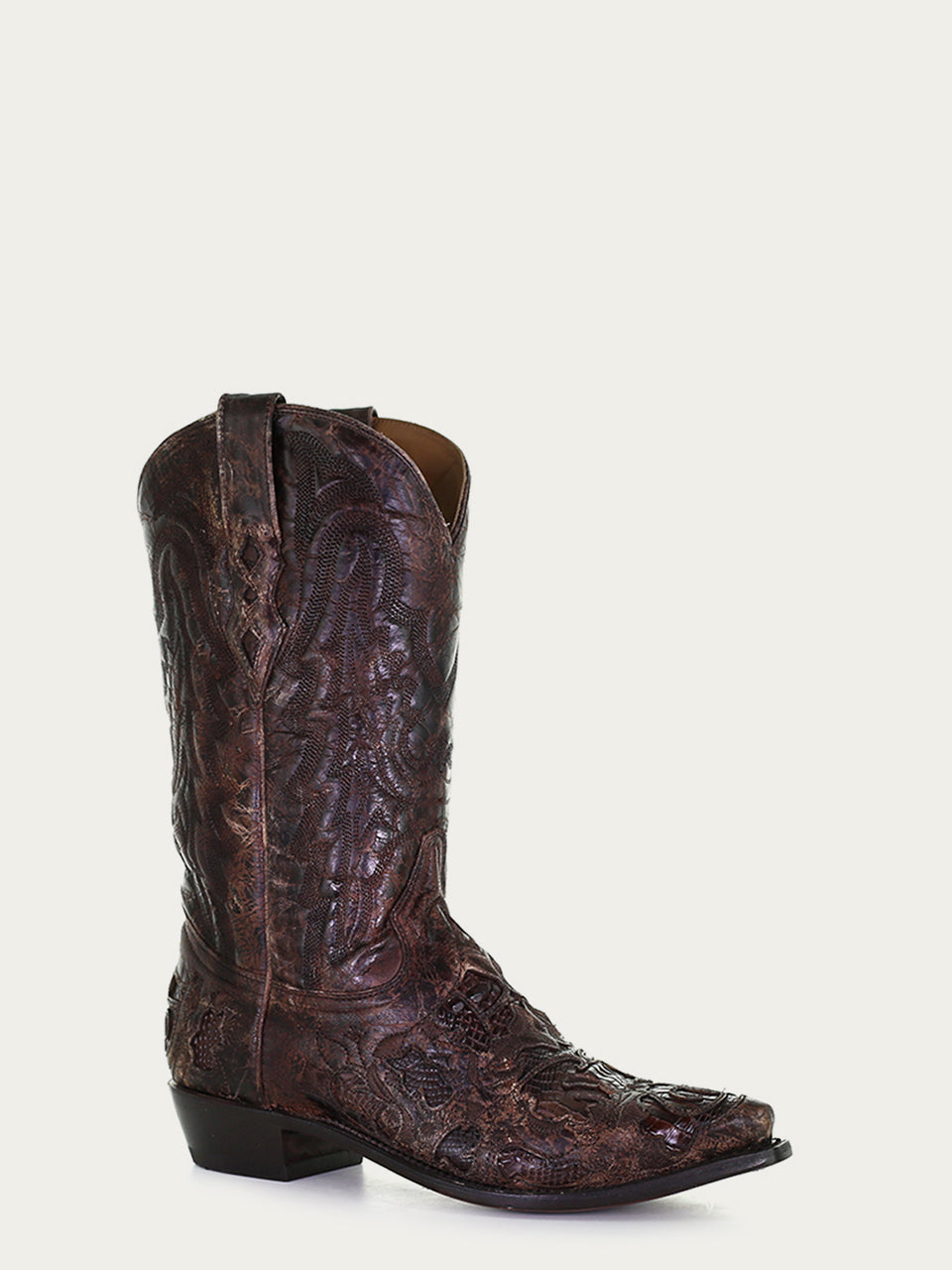 A4115 - MEN'S BROWN ALLIGATOR INLAY AND EMBROIDERY SNIP TOE LEATHER SOLE WITH RUBBER INSERT COWBOY BOOT