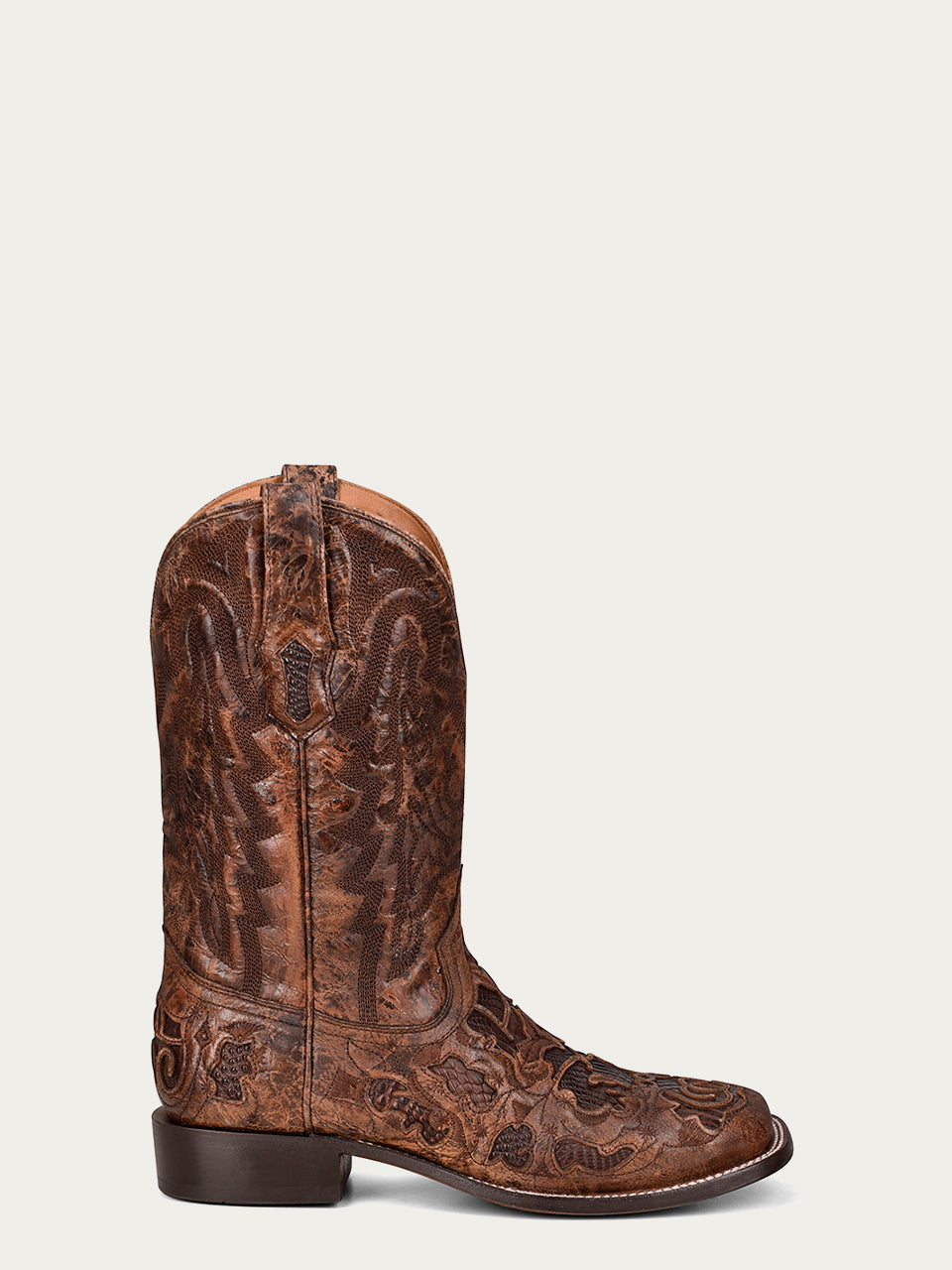 MENS ALLIGATOR INLAY AND EMBROIDERY WIDE SQUARE TOE BROWN COWBOY BOOT-A4173-a