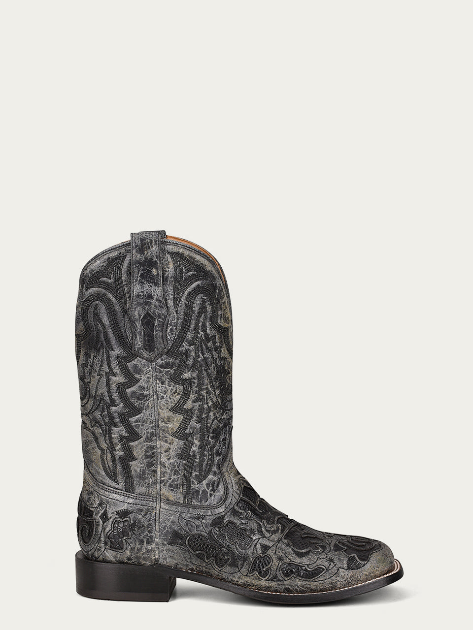 A4174 - MEN'S BLACK ALLIGATOR INLAY AND EMBROIDERY WIDE SQUARE TOE COWBOY BOOT