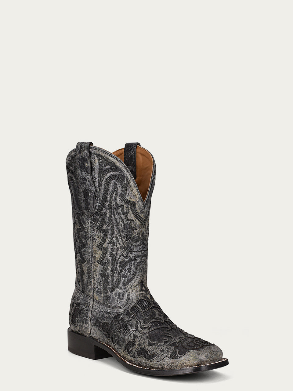 A4174 - MEN'S BLACK ALLIGATOR INLAY AND EMBROIDERY WIDE SQUARE TOE COWBOY BOOT