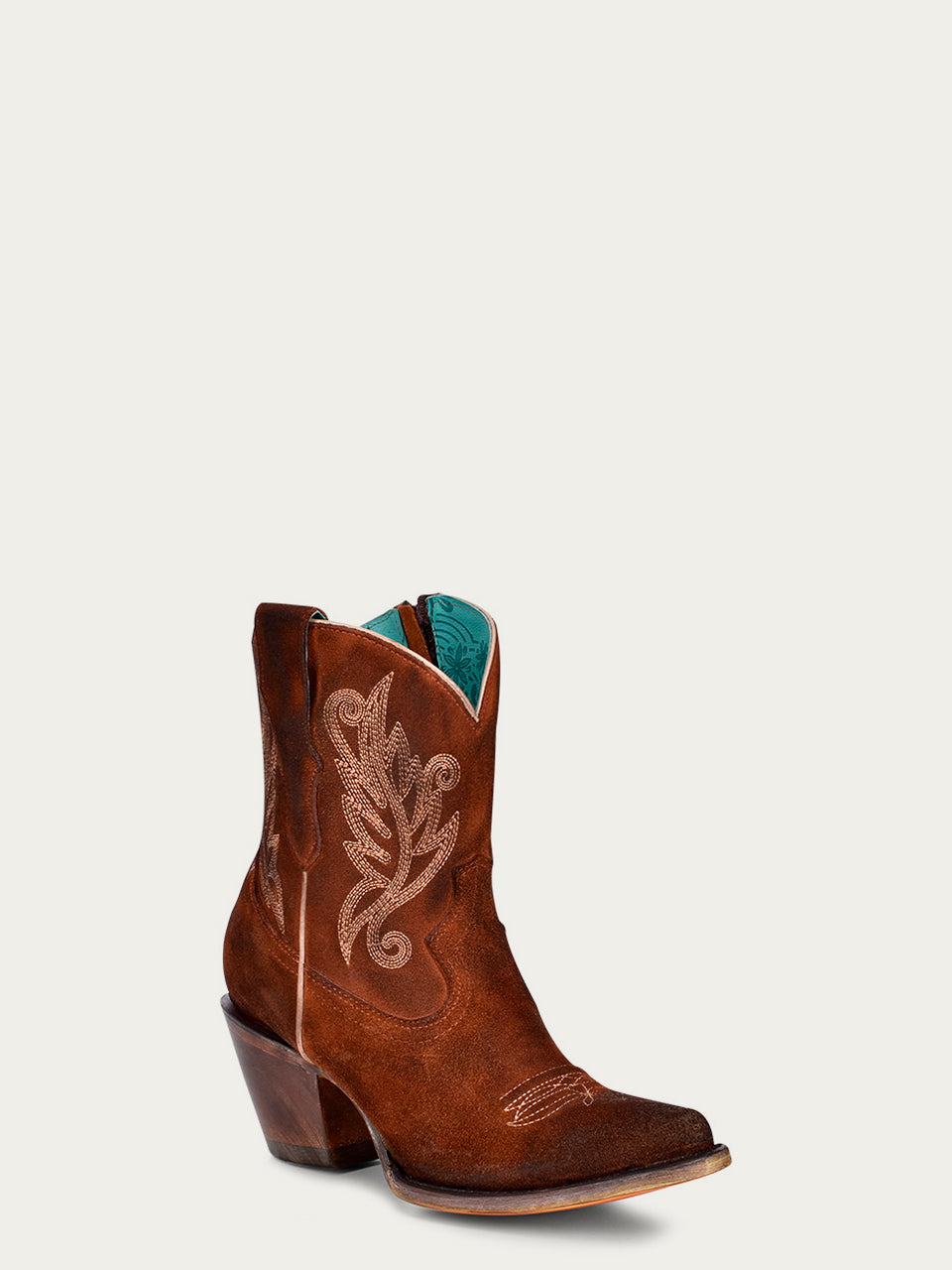 WOMENS LIGHT EMBROIDERY COGNAC J-TOE ANKLE COWBOY BOOT WITH ZIPPER-A4257