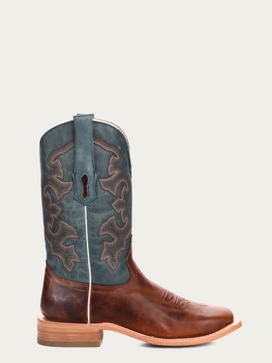 A4262 - MEN'S BLUE AND HONEY EMBROIDERY WIDE SQUARE TOE RODEO