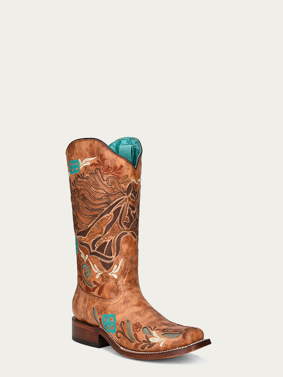 WOMENS MULTICOLOR IRIDESCENT HORSE INLAY AND EMBROIDERY SQUARE TOE SAND COWBOY BOOT-A4266