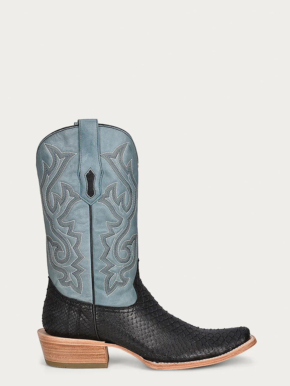 MENS EMBROIDERY SHAFT GENUINE BLACK PYTHON VAMP NARROW SQUARE TOE BLUE COWBOY BOOT-A4288-a