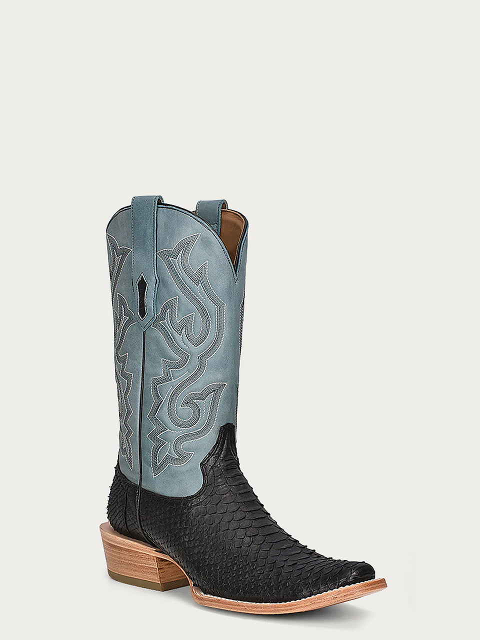 MENS EMBROIDERY SHAFT GENUINE BLACK PYTHON VAMP NARROW SQUARE TOE BLUE COWBOY BOOT-A4288