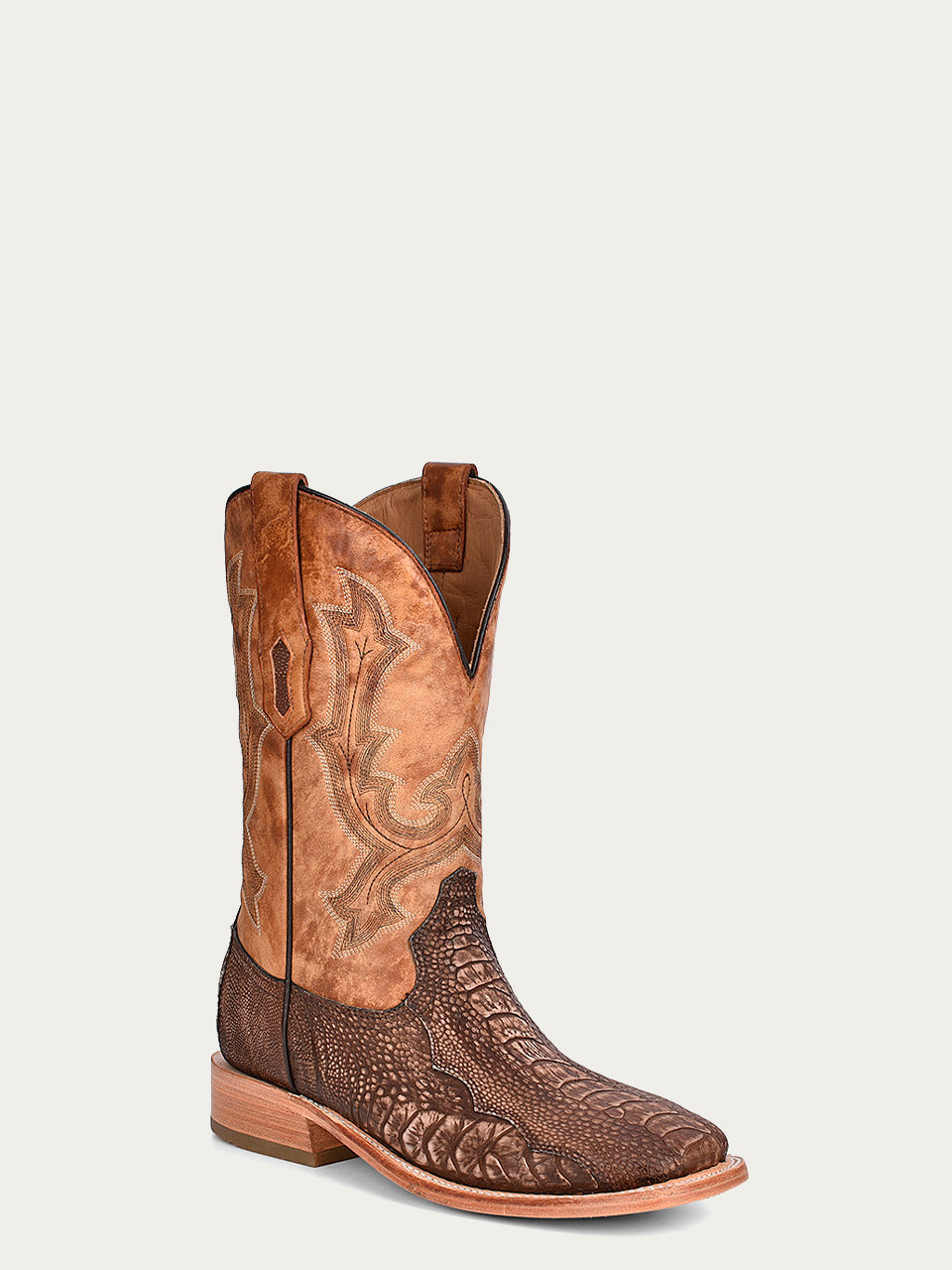 MENS EMBROIDERY BROWN OSTRICH LEG VAMP WIDE SQUARE TOE SAND COWBOY BOOT-A4289