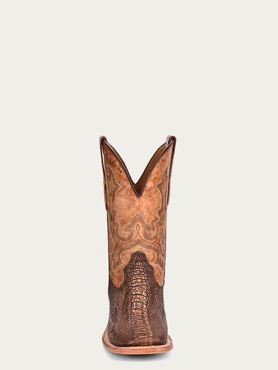 A4289 - MEN'S EMBROIDERY BROWN OSTRICH LEG VAMP WIDE SQUARE TOE