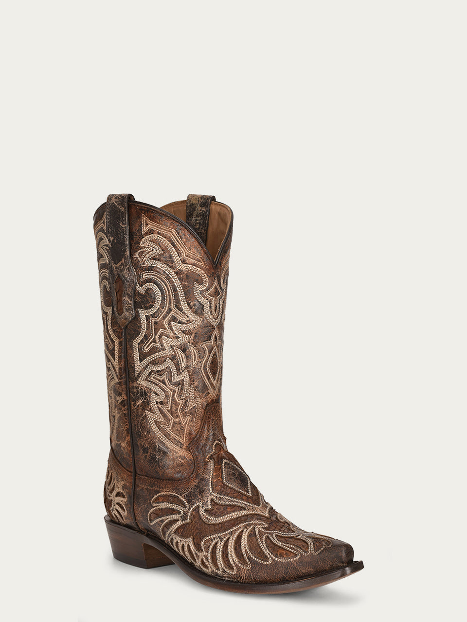 A4352 - MEN'S EMBROIDERY INLAY BROWN  SNIP TOE COWBOY BOOT