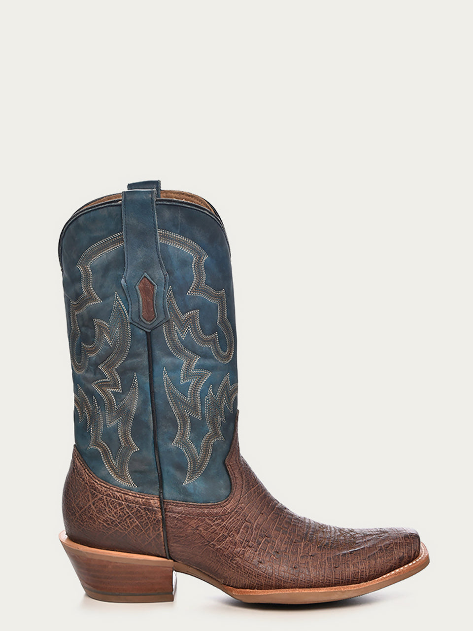 MENS NAVY-BLUE EMBROIDERY HORSEMAN TOE BROWN COWBOY BOOT-A4402-a