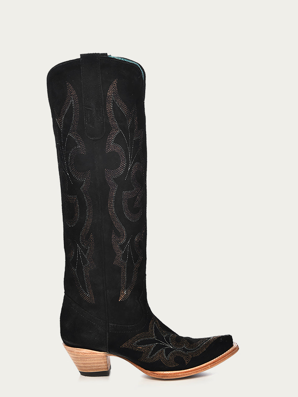 WOMENS EMBROIDERY BLACK SUEDE TALL TOP SNIP TOE COWBOY BOOT-A4436-a