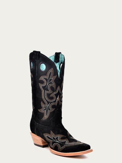 A4476 - WOMEN'S BLACK EMBROIDERY SUEDE SQUARE TOE COWBOY BOOT WITH