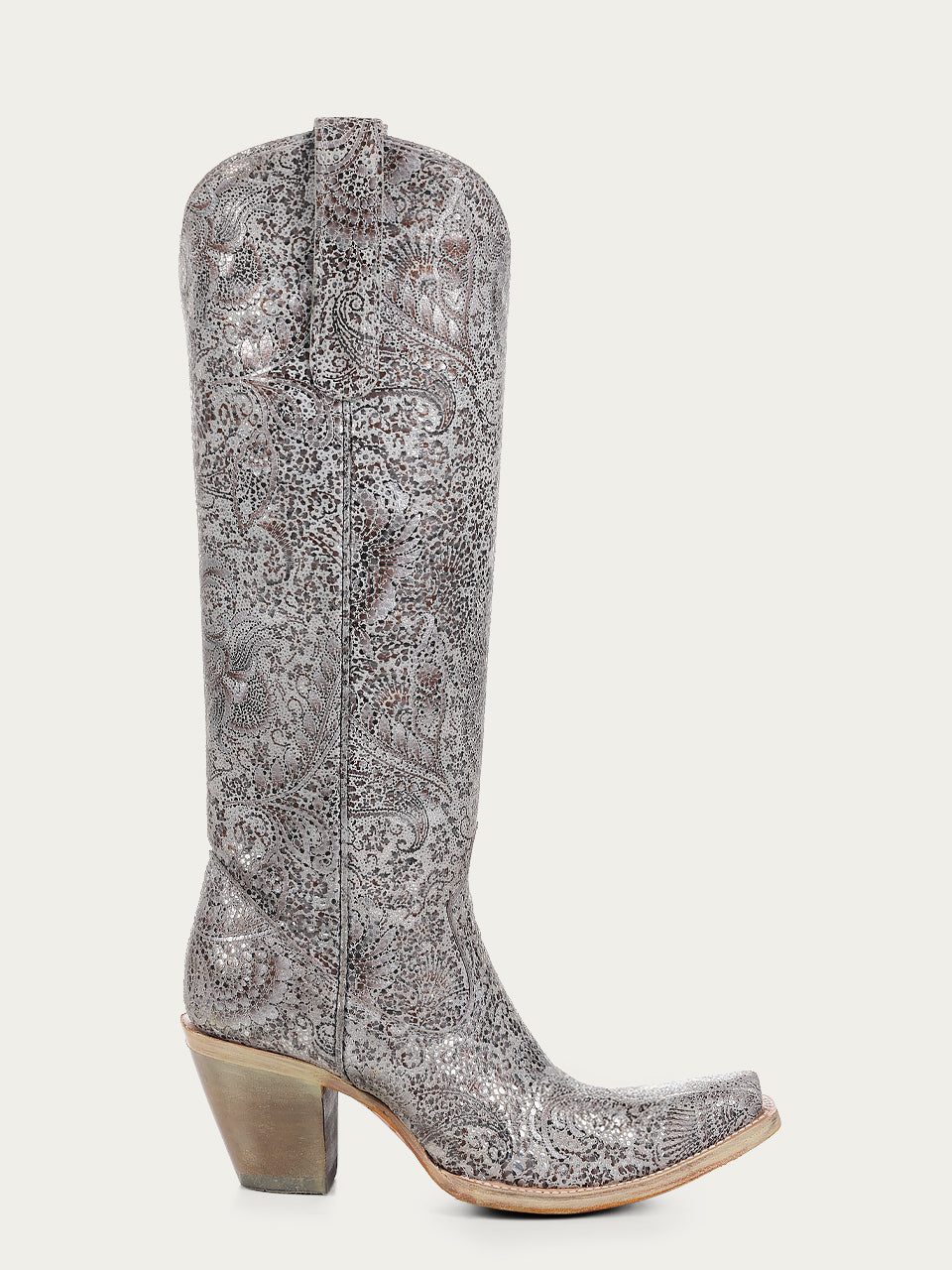 A4482 - WOMEN'S FLORAL EMBROIDERY SILVER TALL TOP SNIP TOE COWBOY BOOT
