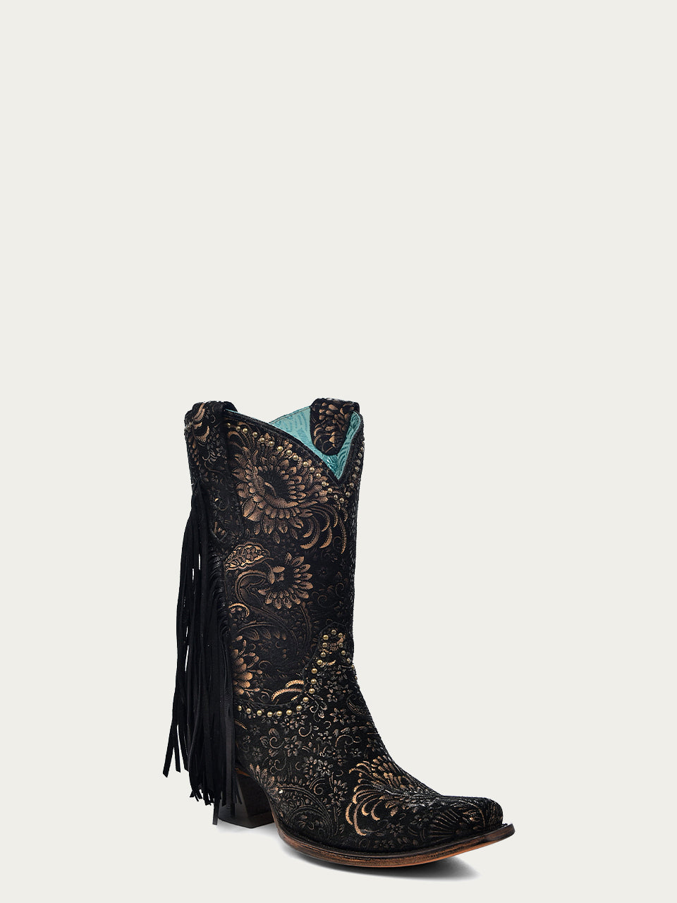 A4492 - WOMEN'S GOLD STAMPED FLORAL WITH FRINGE BLACK SUEDE NARROW SQUARE TOE ANKLE BOOT