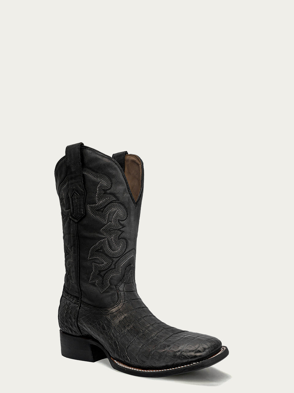 A4496 - MEN'S EMBROIDERY HONEY BROWN CAIMAN NARROW SQUARE TOE LEATHER SOLE WITH RUBBER INSERT COWBOY BOOT