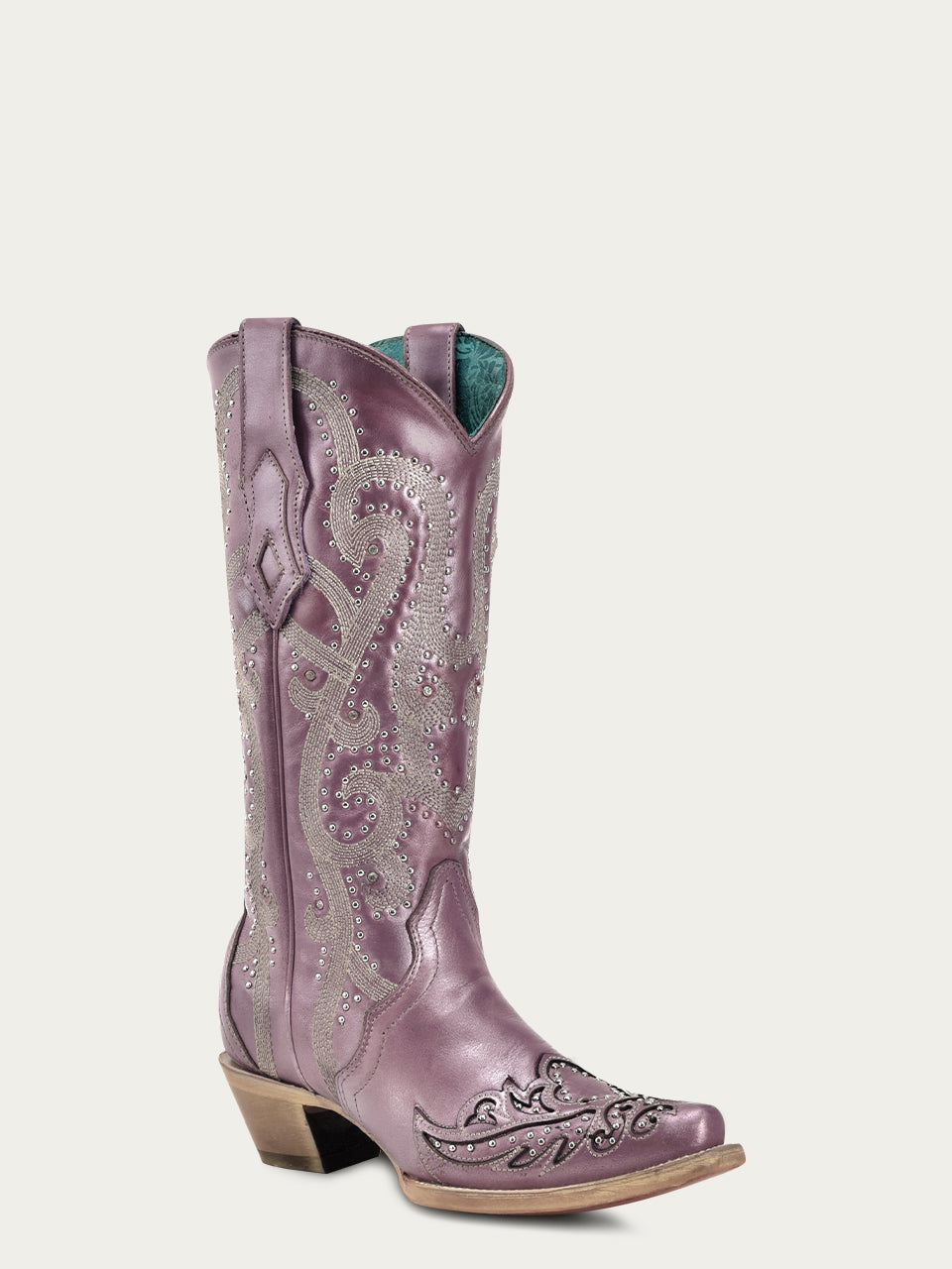 A4512 - WOMEN'S EMBROIDERY WITH CRYSTALS AND STUDS METALIC LILA SNIP TOE STUDDED WING TIP COWBOY BOOT