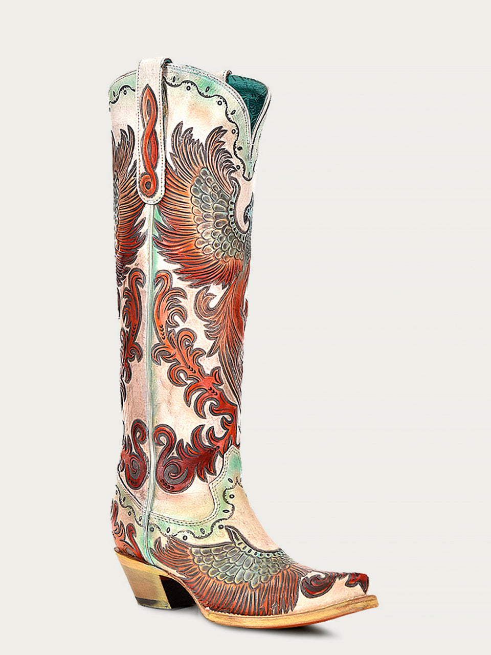 A4516 - WOMEN'S HAND PAINTED AND TOOLED FIRE PHOENIX WHITE TALL TOP SNIP-TOE COWBOY BOOT
