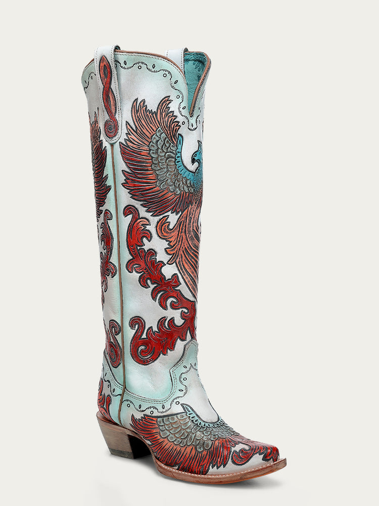 A4516 WOMEN'S HAND PAINTED AND TOOLED FIRE PHOENIX WHITE TALL