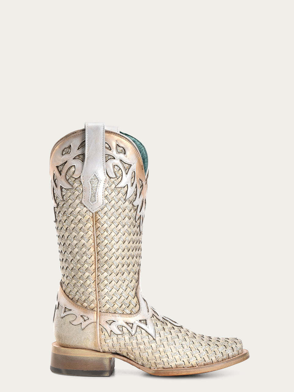 A4524 - WOMEN'S WHITE GLITTER WOVEN OVERLAY SQUARE TOE COWBOY BOOT