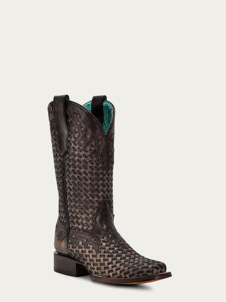 A4526 WOMEN'S CHOCOLATE GLITTER WOVEN OVERLAY SQUARE TOE COWBOY