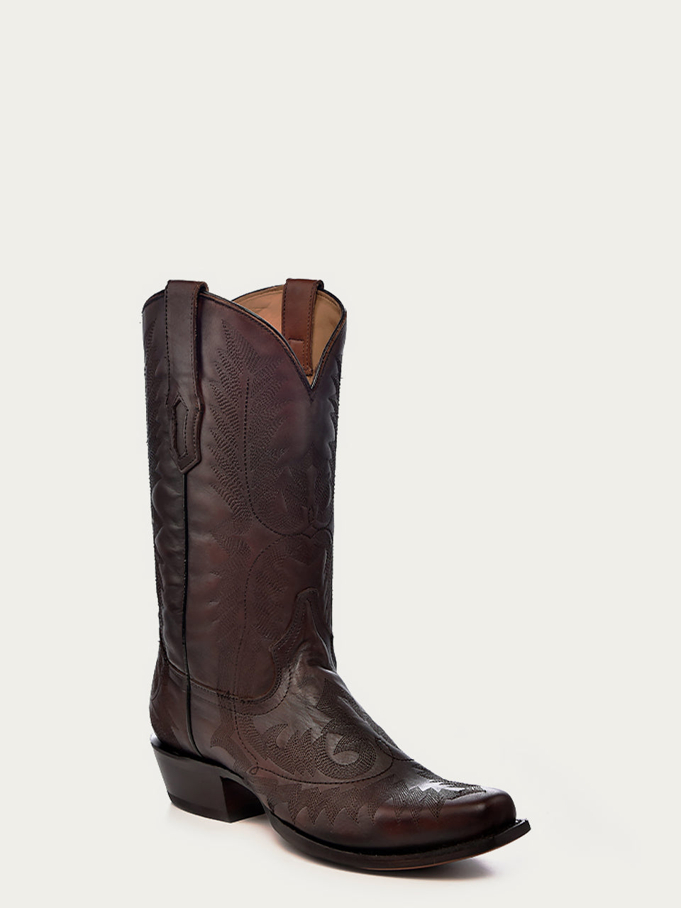 A4544 - MEN'S EMBROIDERY BROWN COWHIDE NARROW SQUARE TOE COWBOY BOOT