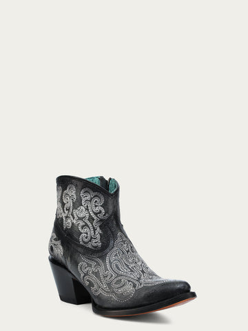 A4598 WOMEN'S LUMINESCENT EMBROIDERY BLACK J-TOE ANKLE BOOT WITH