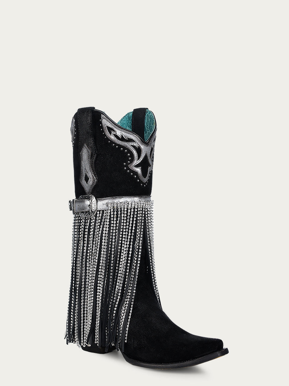 A4599 - WOMEN'S EMABROIDERY STUDS WITH LAMB AND CRYSTAL FRINGE AND HARNESS BLACK SNIP TOE COWBOY BOOT