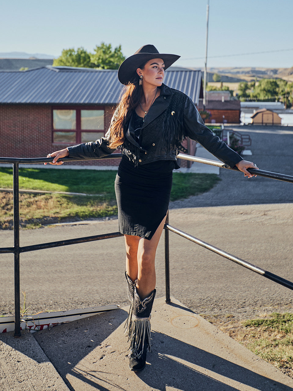 A4599 - WOMEN'S EMABROIDERY STUDS WITH LAMB AND CRYSTAL FRINGE AND HARNESS BLACK SNIP TOE COWBOY BOOT