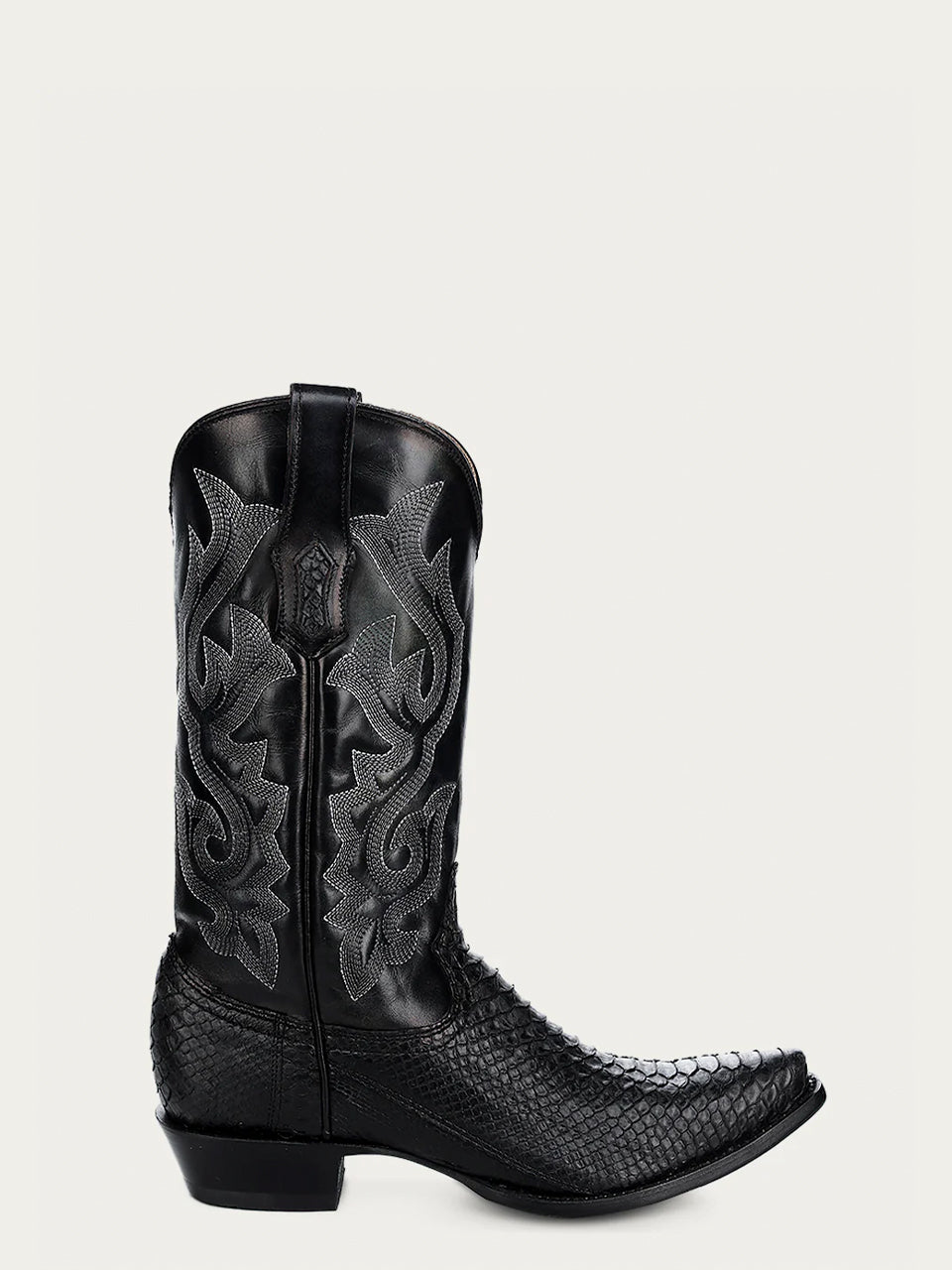 MENS BLACK PYTHON EMBROIDERY SNIP TOE COWBOY BOOT-A4643-a